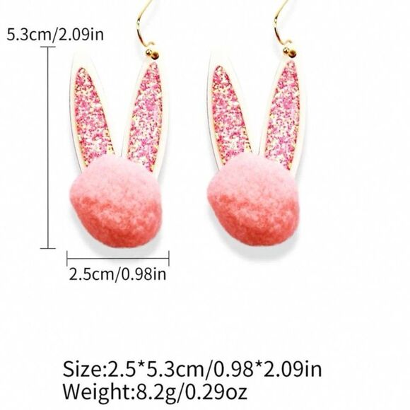 Pink Glitter Pom Pom Bunny Ear Earrings - Picture 8 of 11